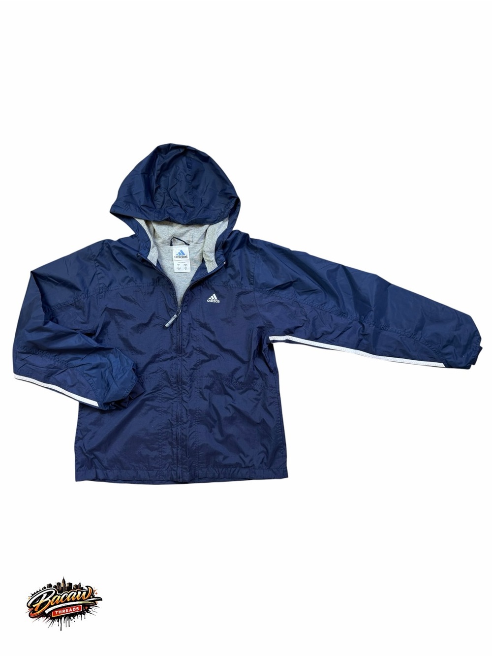 adidas Navy 3-Stripe Hooded Windbreaker‎ Men’s Medium Full-Zip Track Jacket